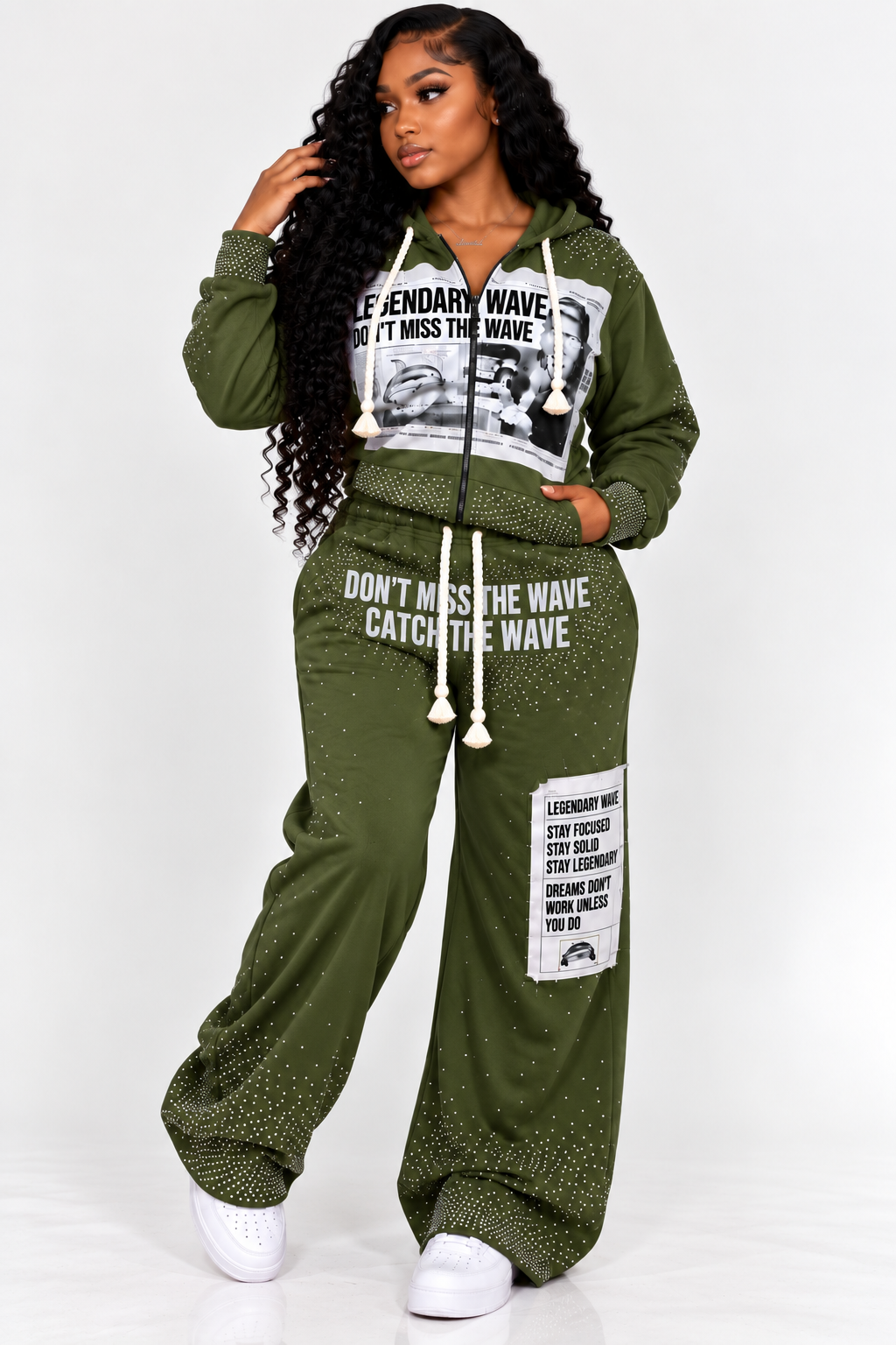 Legendary Wave “Catch the Wave” Rhinestone Hoodie & Wide-Leg Pant Set – Olive Green