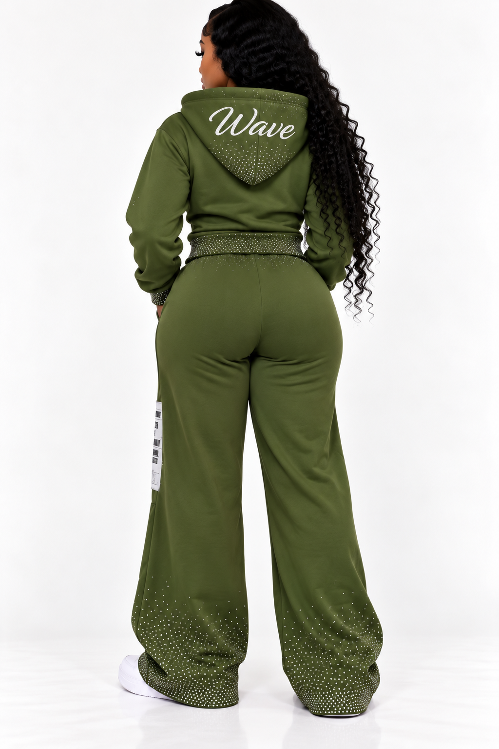 Legendary Wave “Catch the Wave” Rhinestone Hoodie & Wide-Leg Pant Set – Olive Green